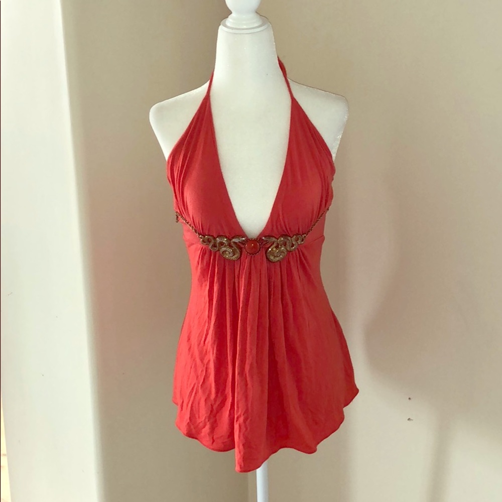 Sky Red Halter Empire Waist Tank with Decorative Trim size S FINAL MARKDOWN